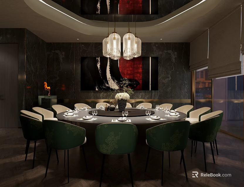 Elegant Private Dining Room With Round Table Green Chairs Pendant Lights And Wall Art 3d model 