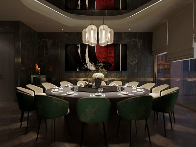 Elegant Private Dining Room With Round Table Green Chairs Pendant Lights And Wall Art 3d model