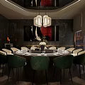 Elegant Private Dining Room With Round Table Green Chairs Pendant Lights And Wall Art