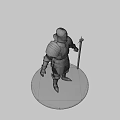 Silver Armor Worn By Human Figure With Spear On Round Platform Against Dark Background 3d model