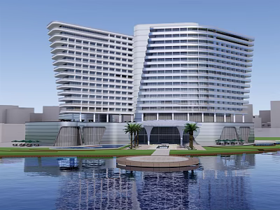 Modern Hotel Building with Glass Facade High Rise Surrounded by Water Reflection and Palm Trees 3d model