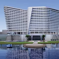 Modern Hotel Building with Glass Facade High Rise Surrounded by Water Reflection and Palm Trees