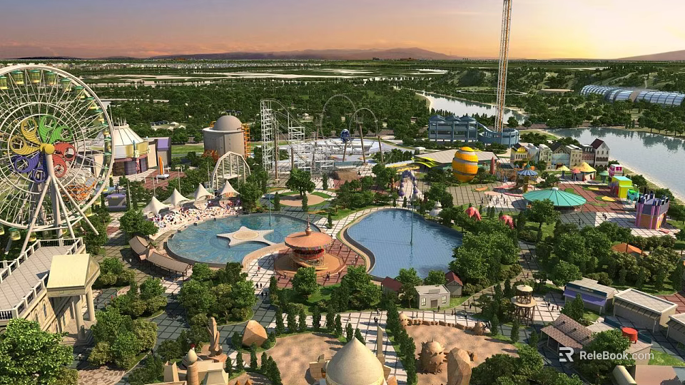 Aerial View Theme Park Planning With Roller Coasters Ferris Wheel Pools And Lush Greenery 3d model 