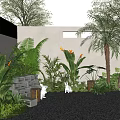 Tropical Outdoor Garden Plant Combination With Palm Trees Banana Leaves Brick Wall And Gravel Ground