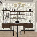 Study Room Interior Design With Shelves Books Wooden Desk White Chair And Chandelier
