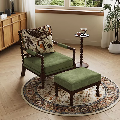 Green Upholstered Accent Chair With Matching Ottoman And Floral Pillow On Wooden Floor Rug 3d model