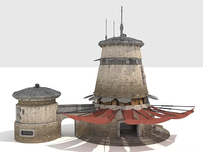 Futuristic Building Design Featuring Tower Structure Adjacent Circular Annex Red Canopies And Antennas 3d model