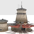 Futuristic Building Design Featuring Tower Structure Adjacent Circular Annex Red Canopies And Antennas