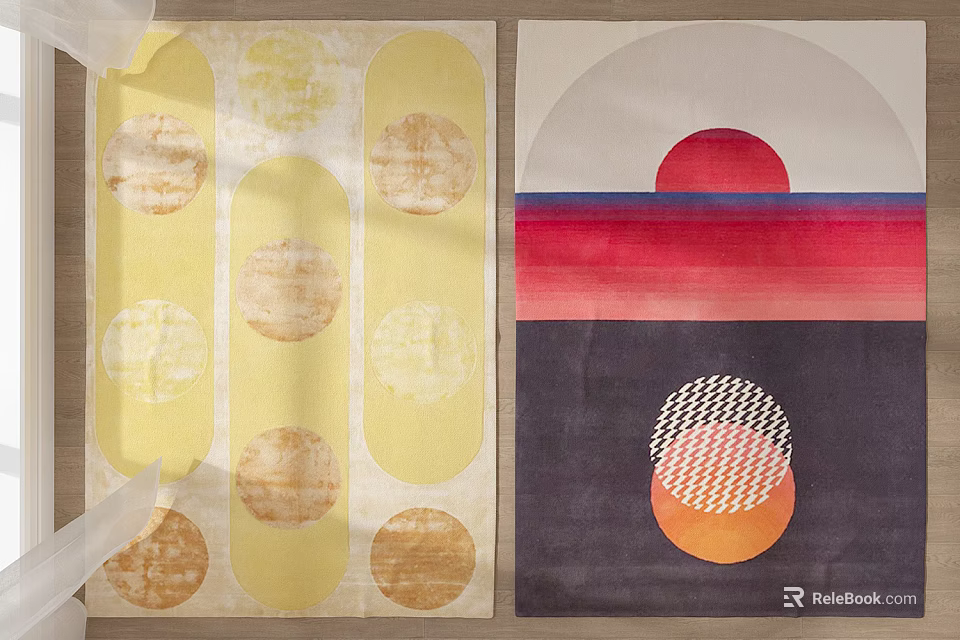 Square Rug With Yellow Background Circular Patterns And Red White Blue Orange Geometric Stripes Design 3d model 