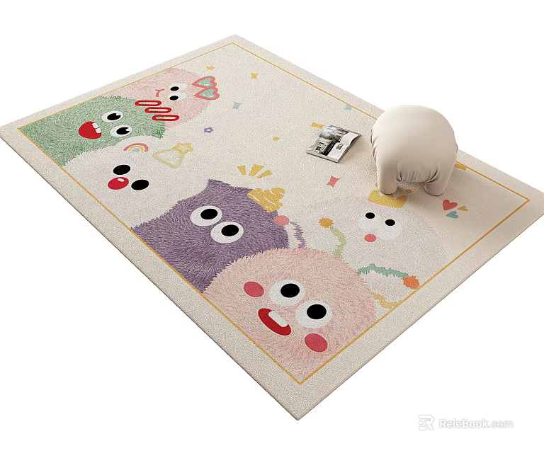 Cute Square Rug With Cartoon Smiling Face Patterns And Colorful Decorative Elements 3d model