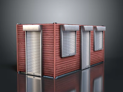 Red Wooden Panel Container Style Structure With Roll Up Doors And Glass Windows Exterior 3d model
