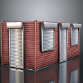 Red Wooden Panel Container Style Structure With Roll Up Doors And Glass Windows Exterior