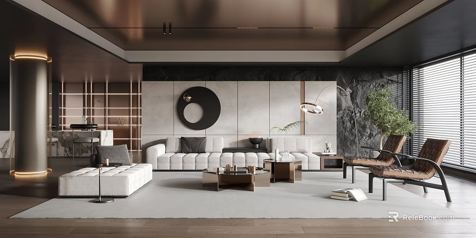 Modern Elegant Living Room Interior With Spacious Sofa Coffee Table And Round Wall Art 3d model 