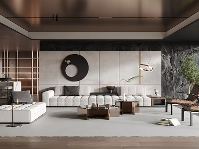 Modern Elegant Living Room Interior With Spacious Sofa Coffee Table And Round Wall Art 3d model