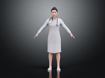 A woman wearing white doctor coat with stethoscope standing with arms outstretched against gray background 3d model