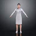 A woman wearing white doctor coat with stethoscope standing with arms outstretched against gray background