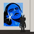 Blue Female Portrait Painting With Closed Eyes Dark Lips White Stars And Black Rabbit Doll