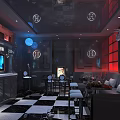 Stylish KTV Lounge With Red Wall Decor Checkerboard Floor Leather Seats And Digital Screens