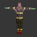 Firefighter in Uniform With Reflective Stripes Yellow Gloves and Black Boots Standing Against Gray Background