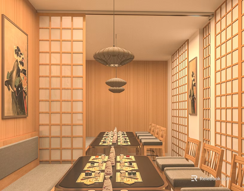 Japanese Style Private Dining Room With Wooden Shoji Screens Long Table And Pendant Lights 3d model 