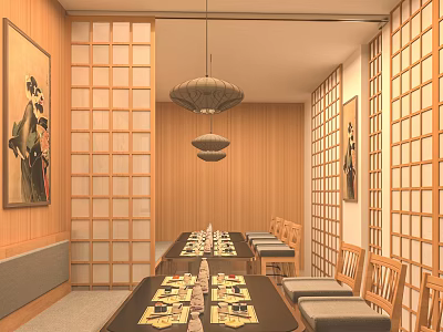 Japanese Style Private Dining Room With Wooden Shoji Screens Long Table And Pendant Lights 3d model