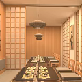 Japanese Style Private Dining Room With Wooden Shoji Screens Long Table And Pendant Lights