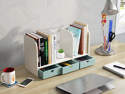 Home Decorative Ornament Set with Bookshelf Drawers Small Potted Plant Table Lamp and Pen Holder 3d model
