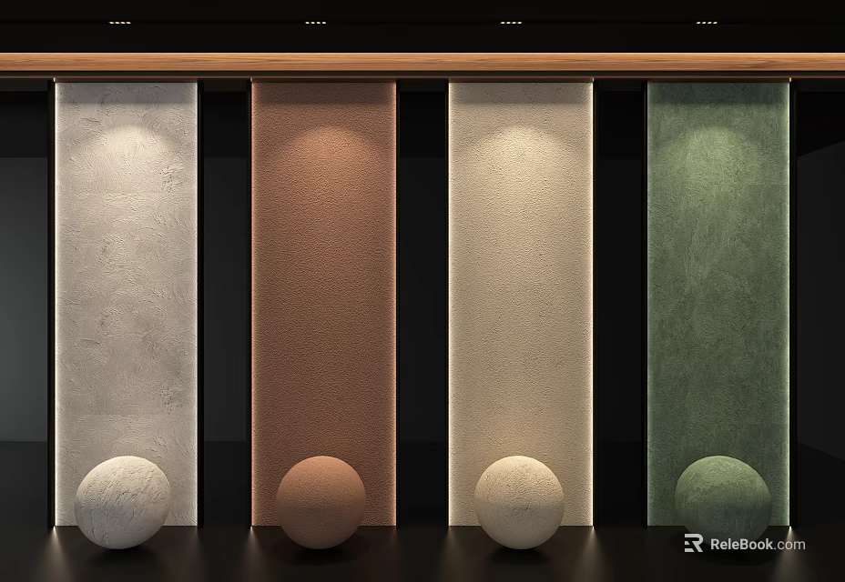 Textured Multicolor Wall Panels In Interior Decor With Lighting And Decorative Spherical Orbs 3d model