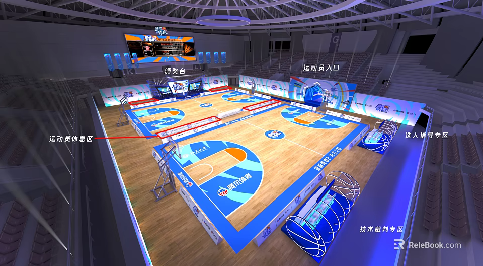 Professional Basketball Gymnasium Interior With VIP Seats Player Entrance Check in Area And Wooden Court 3d model 