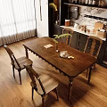 Solid Wood Dining Table Set with Four Chairs Tray Lemons and Glass in Kitchen 3d model