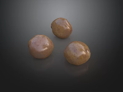 Three fresh organic natural brown spotted potato tubers on dark background 3d model