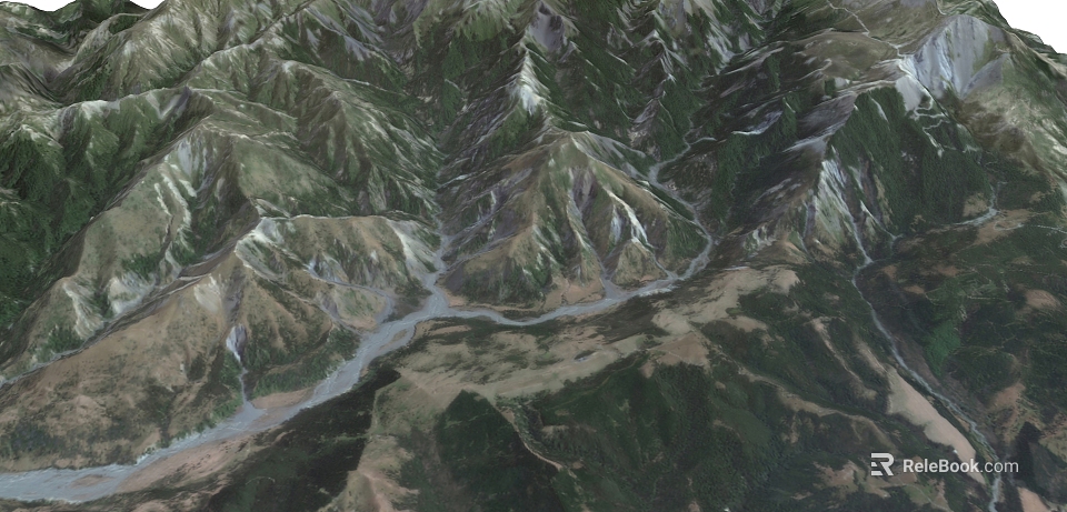 Majestic Lush Green Mountains With Winding Flowing River In Natural Scenic Landscape 3d model 