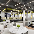 Modern Fitness Gym Interior With Boxing Ring Treadmill White Chairs Tables And Bright Lighting