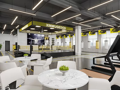 Modern Fitness Gym Interior With Boxing Ring Treadmill White Chairs Tables And Bright Lighting 3d model
