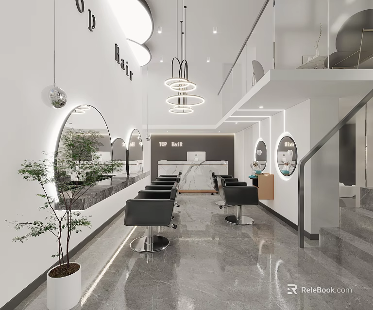 Modern Hair Salon Interior Design With Black Chairs Round Mirrors And Pendant Lights 3d model 