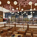 Japanese Restaurant Interior With Cherry Blossom Decor Lanterns Mountain Wave Murals And Wooden Bar Counter