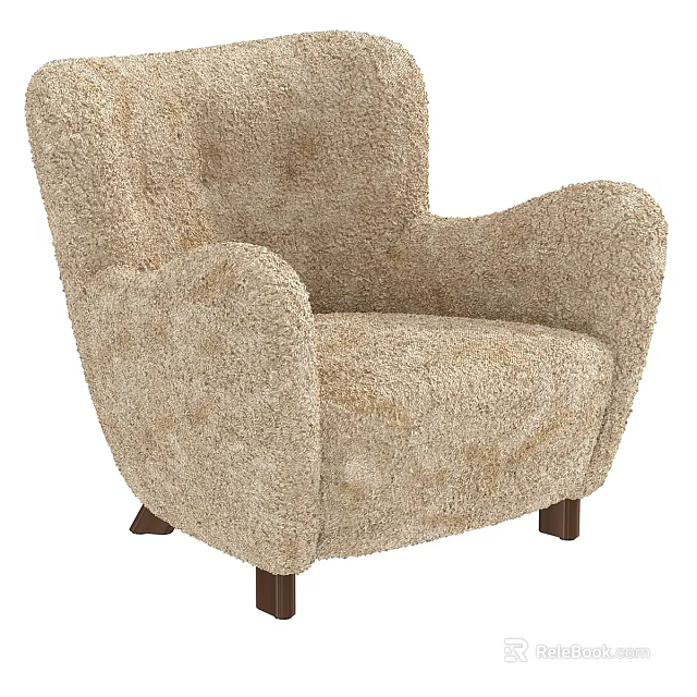Beige Fluffy Armchair With Wooden Legs For Cozy Home Interior Design 3d model 