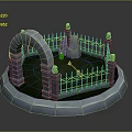 Scenic Circular Stone Fence Landscape With Grass Stone Arches Black Iron Gate Decorative Pillars And Monument