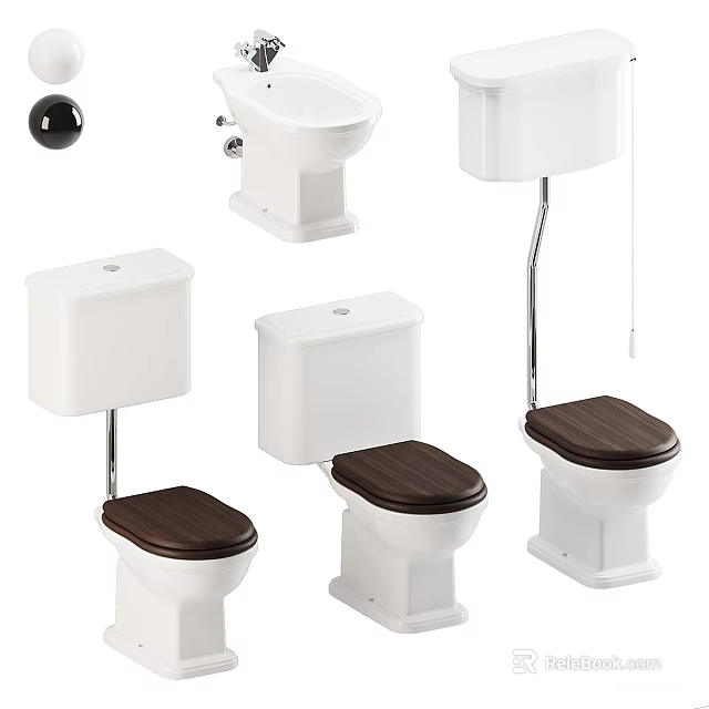 Multiple White Ceramic Toilet Designs With Brown Wooden Seats And Tank Variations 3d model 