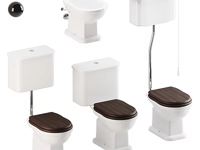 Multiple White Ceramic Toilet Designs With Brown Wooden Seats And Tank Variations 3d model