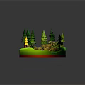 Natural Scenery Model With Green Pine Trees Blue Stream And Yellow Plants