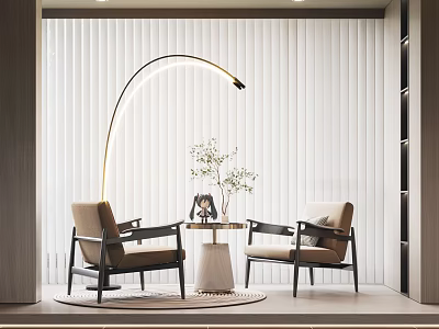 Stylish Casual Sofa Set With Brown Armchairs Round Coffee Table And Arched Floor Lamp 3d model