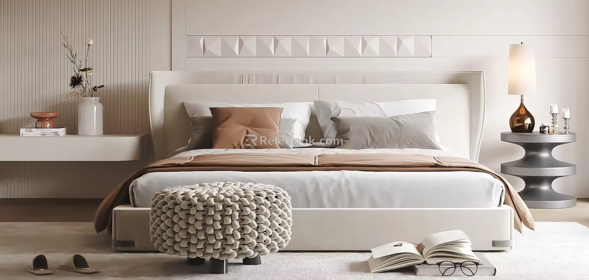 Cream style double bed fabric double bedside table bedding 3d model