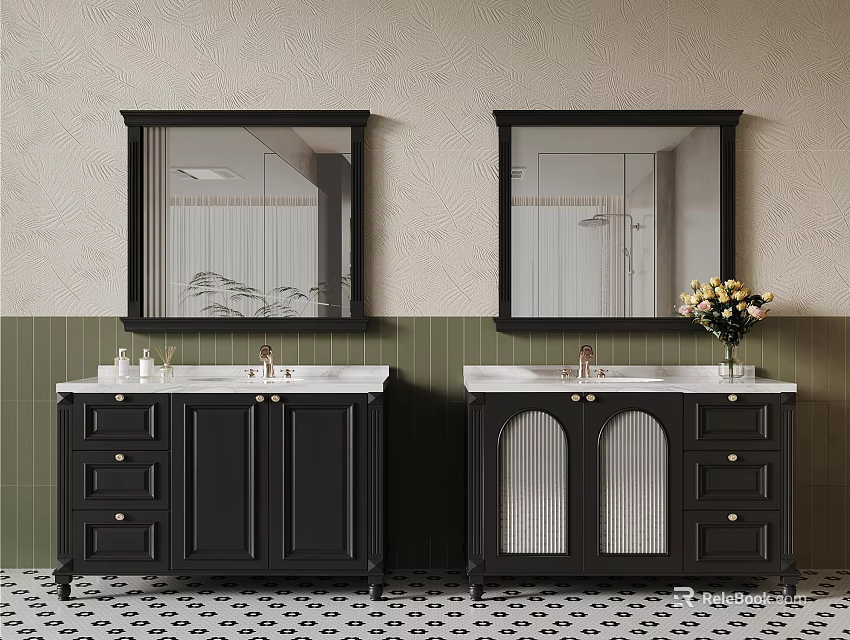 Stylish Black Bathroom Vanities With Mirrors Green Tile Walls And Floral Arrangement 3d model 