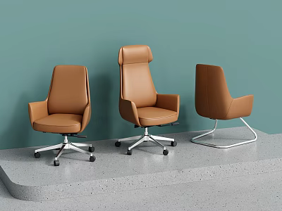 Three Brown Leather Office Chairs With Different Designs Against Light Green Background And Gray Floor 3d model