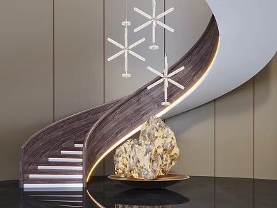 Modern Curved Staircase With Wooden Handrail LED Strip Lights Hanging Pendant Lights And Golden Decor 3d model