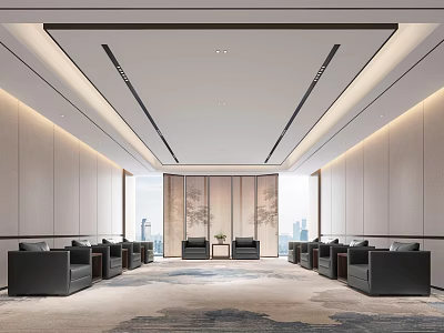 Hotel Public Lounge Area Modern Design With Grey Walls Ceiling Strips Patterned Carpet Black Sofas 3d model