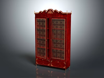 Elegant Red Classic Carved Cabinets With Double Doors And Lattice Design Bottom Drawers 3d model