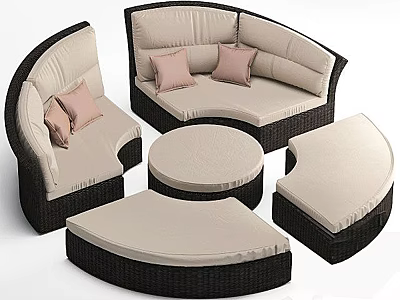 Curved Outdoor Sofa with Wicker Black Frame Beige Cushions Pink Pillows and Round Coffee Table 3d model