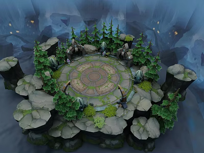 Cartoon Scene With Round Stone Platform Surrounded By Pine Trees And Glowing Cave Lights 3d model
